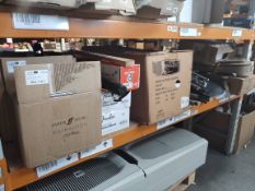 A quantity of miscellaneous musical instruments, accessories and related on one shelf.