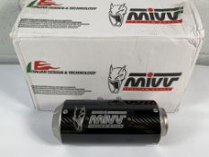 An as new Mivv Italian style carbon exhaust slip on can, designed to improve aesthetics, sound and p