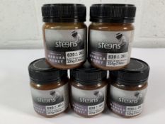 Five as new Steens Monofloral Manuka honeys 225g sealed jars, 830+MGO, 20+UMF (Exp 25/29).