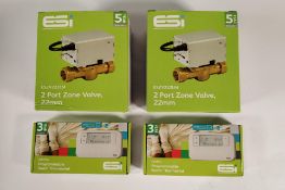 Four as new ESI items - 2x Programmable Room Thermostat (ESRTP4+), 2x 2 Port Zone Valve 22mm (ESZV22