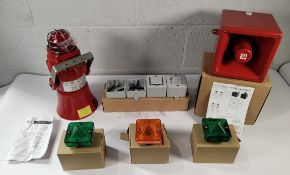 Six fire safety related items to include red sounder beacon, A121 alert alarm and STA2 assembly.