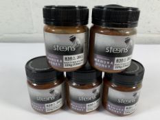 Five as new Steens Monofloral Manuka honeys 225g sealed jars, 830+MGO, 20+UMF (Exp 25/29).