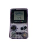 Pre-owned Nintendo Game Boy Colour console (CGB-001) in Clear Purple with Pokémon Blue game card.