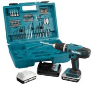 A as new Makita 18v cordless combi drill kit, 2x 2Ah Li-Ion batteries & 74 piece accessory Set (clip