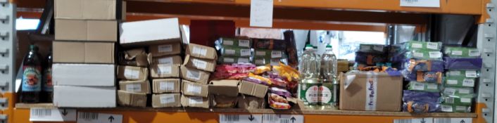 A shelf of assorted out of date food and confectionery products and related (over 18s only).