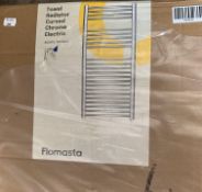 An as new Flomasta towel radiator, curved chrome, electric 853btu/250w boxed.