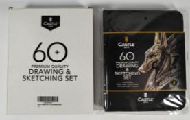Two as new Castle Arts Premium 60-piece drawing and sketching sets with zip up cases, boxed.