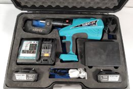 A pre-owned Questok DSR 880 digital riveter with charger, two spare batteries in hard carry case.