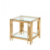 An as new Cohen Gold Steel Tubes and Clear Glass End Table (MF191-009GLS-GD) (wet damaged box) (stoc