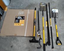 Seven Rough Neck related items to include spades, crowbars and folding plaster and motar board stand