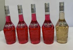 Four Raspberry and one Vanilla Volare liqueurs 5 x 700ml.