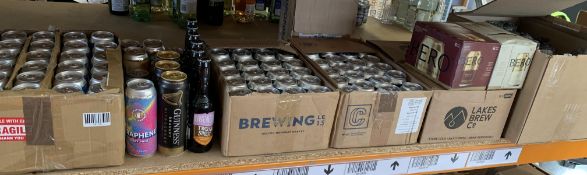 One shelf of assorted cans/bottles of beers/wine/ciders and related (some close to BB date).