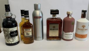Seven assorted spirits to include Whitley Neill Blood Orange gin 700ml, Great Glen Pink gin 700ml, D