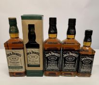 Two Jack Daniel's Rye Tennessee whiskey 1 x 700, 1 x 750ml, three Jack Daniel's No.7 Tennessee Sour