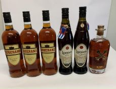 Three Soberano brandy 3 x 1L, two Legendario Elixir De Cuba rum punch 700ml and a Bumbu Original spi