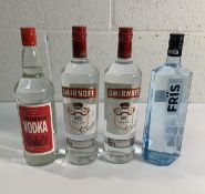 Two Smirnoff No21 Vodka 2 x 1L, Fris crisp smooth vodka 1L and an Amazon vodka 1L.