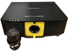 Panasonic PT-MZ882B LCD Projector with lens in a wheeled flight case.