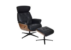 A 1950’s Style, Black Swivel Recliner Chair and Footstool. RRP £995. Upholstered in leather and faux