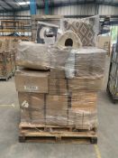 A pallet of assorted homewares to include hedgehog house, clocks, cups, cushions and related.