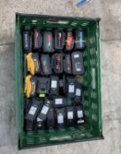 Thirteen pre-owned power tool batteries and fifteen two-way radio batteries.