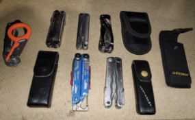Six Leatherman multitools to include Raptor, Skeletool CX and Rebar.