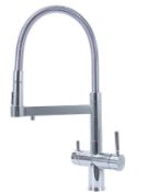 An as new Hommix Savona brushed finish pull-out spray-hose 3-way tap, boxed (stock image).
