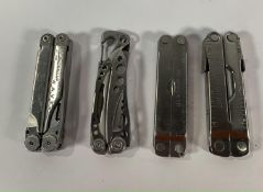 Four pre-owned Leatherman multi tools to include Skeletool, Wave, Rebar and related.