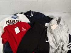 A quantity of as new clothing with tags to include Champion Blue jacket L, Nordstrom Sporty and Rich