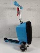 A pre-owned Micro LED luggage scooter in blue.