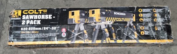 A Roughneck Colt 600e sawhorse 2-pack, 630-820mm, box packaging worn and opened.