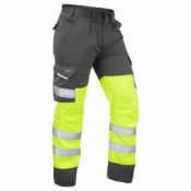 Sixteen as new Leo workwear Ecoviz Bideford hi-vis yellow and grey cargo trousers, sizes - 12x 34R a