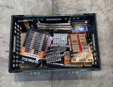 A crate of assorted batteries to include AA and AAA, Duracell, Energizer, Amazon and related.