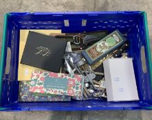 A crate of assorted Sharps to include Printed scissors, Sheffield stainless steel table cutlery and