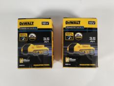Two as new DeWalt Powerstack Rechargeable Batteries, 3.5AH, 18V, TYPE2 (MN: DCBP318).