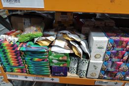 A shelf of assorted in-date food and confectionery products and related.