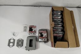 Ten as new Taymac weatherproof expendable 16-in-1 electrical grey outlet covers (one opened for imag