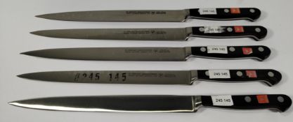 Five Wusthof narrow slicer bolstered knives, 200mm/20cm/8