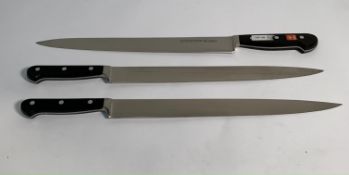 Three ED. Wusthof Dreizack Werk Tranchelard long slicer bolstered 320mm knives (4522) (over 18's onl