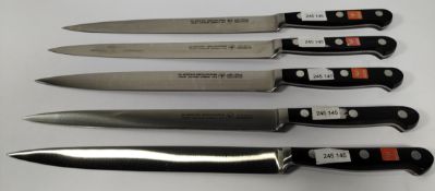 Five Wusthof narrow slicer bolstered knives, 200mm/20cm/8