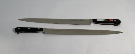 Two ED. Wusthof Dreizack Werk Tranchelard long slicer bolstered 320mm knives (4522) (over 18's only)