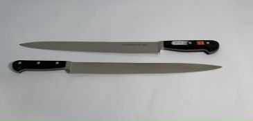Two ED. Wusthof Dreizack Werk Tranchelard long slicer bolstered 320mm knives (4522) (over 18's only)