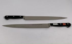 Two ED. Wusthof Dreizack Werk Tranchelard long slicer bolstered 260mm knives (4522) (over 18's only)