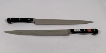 Two ED. Wusthof Dreizack Werk Tranchelard long slicer bolstered 260mm knives (4522) (over 18's only)