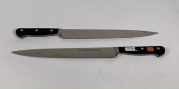 Two ED. Wusthof Dreizack Werk Tranchelard long slicer bolstered 260mm knives (4522) (over 18's only)