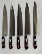 Five Wusthof French Cooks heavy bolstered knives 320mm, may have slight marks from long term storage