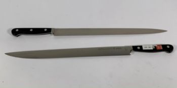 Two ED. Wusthof Dreizack Werk narrow slicer bolstered 320mm knives (4520) (over 18's only).
