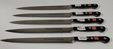 Five Wusthof narrow slicer bolstered knives, 200mm/20cm/8