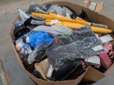 A pallet of assorted corporate stock including clothing, accessories and more.