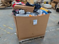 A pallet of assorted corporate stock including clothing, accessories and more.