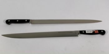 Two ED. Wusthof Dreizack Werk narrow slicer bolstered 320mm knives (4520) (over 18's only).